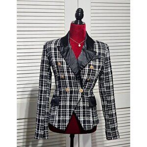 Rachel Parcell Women's Plaid Tweed Double Breasted Satin Lapel Blazer Sz 4 3151